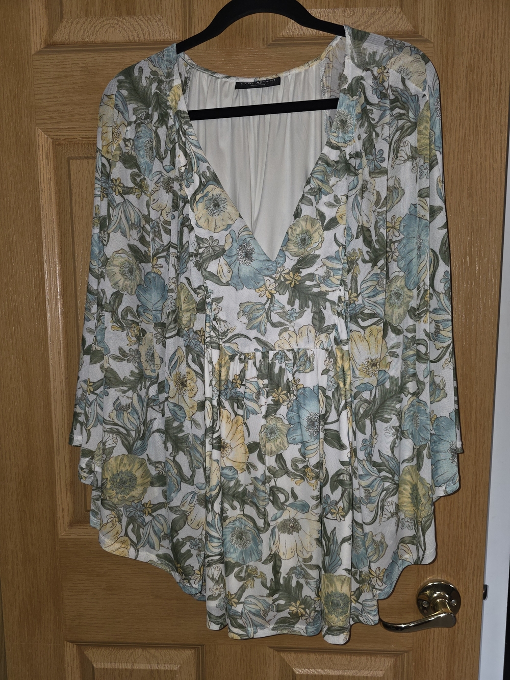 Lane Bryant Cream Floral V-Neck Tunic with Blue & Green Flowers